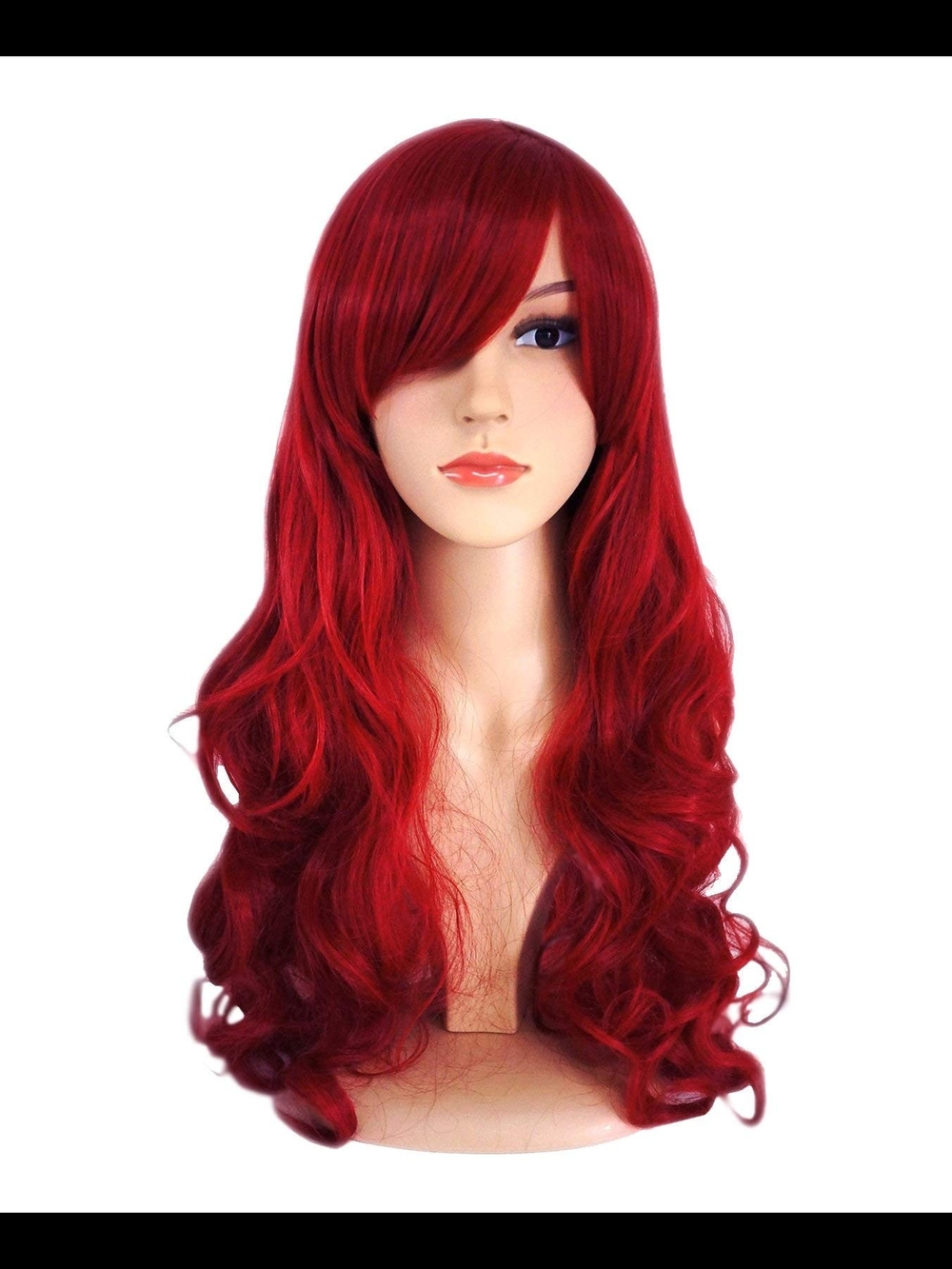 Long Wavy Red Women's Fashion Wig with Side Bangs